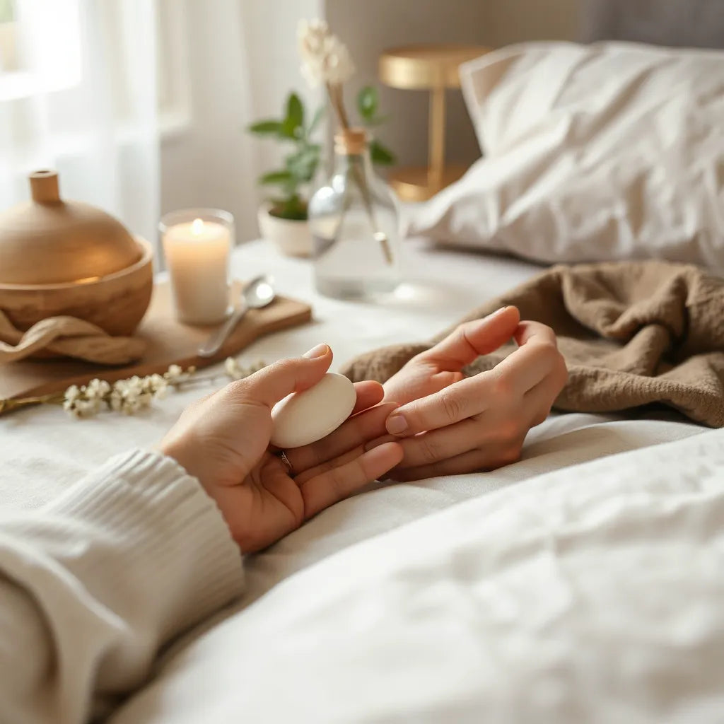 Jemná intímna wellness scéna s rukami a masážnym nástrojom pri pokojnom prostredí v tlmenom svetle