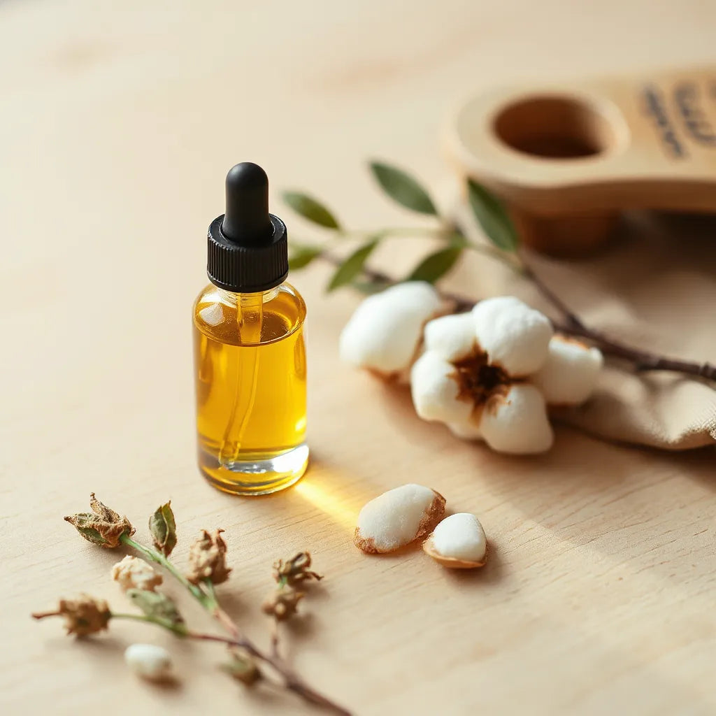 Jemný yoni olej v kvapkadle s prírodnými ingredienciami na čistom drevenom podklade