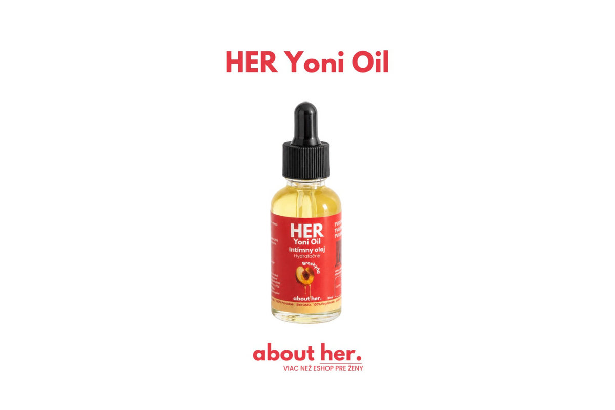 Sklenená fľaštička HER Yoni Oil so žltým olejom a čiernym kvapkadlom.