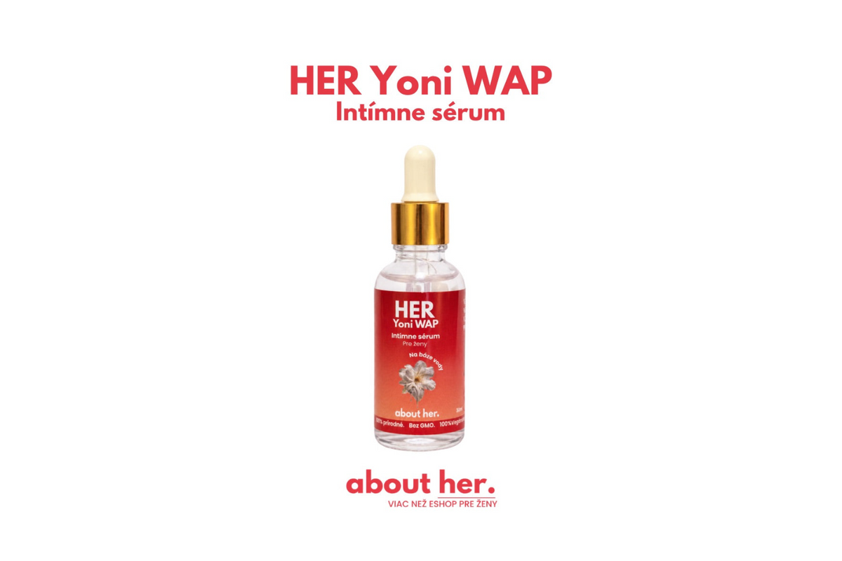Fľaštička intímneho séra HER Yoni WAP 30 ml s bielym kvapkadlom.