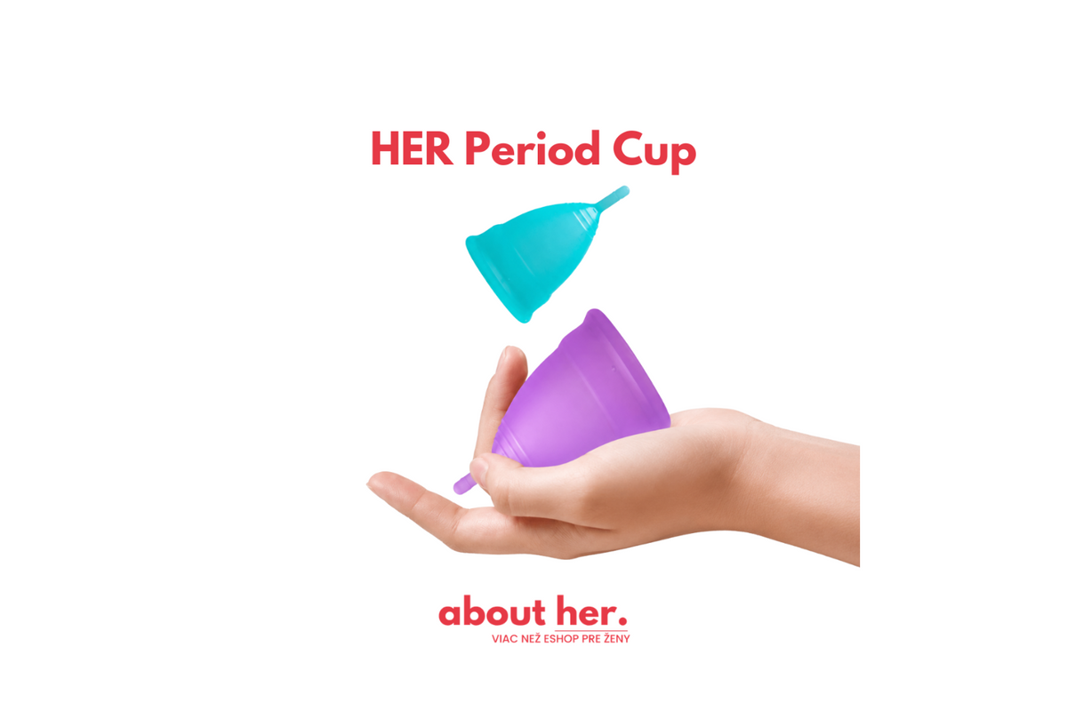 Tyrkysový a fialový menštruačný kalíšok HER Period Cup.
