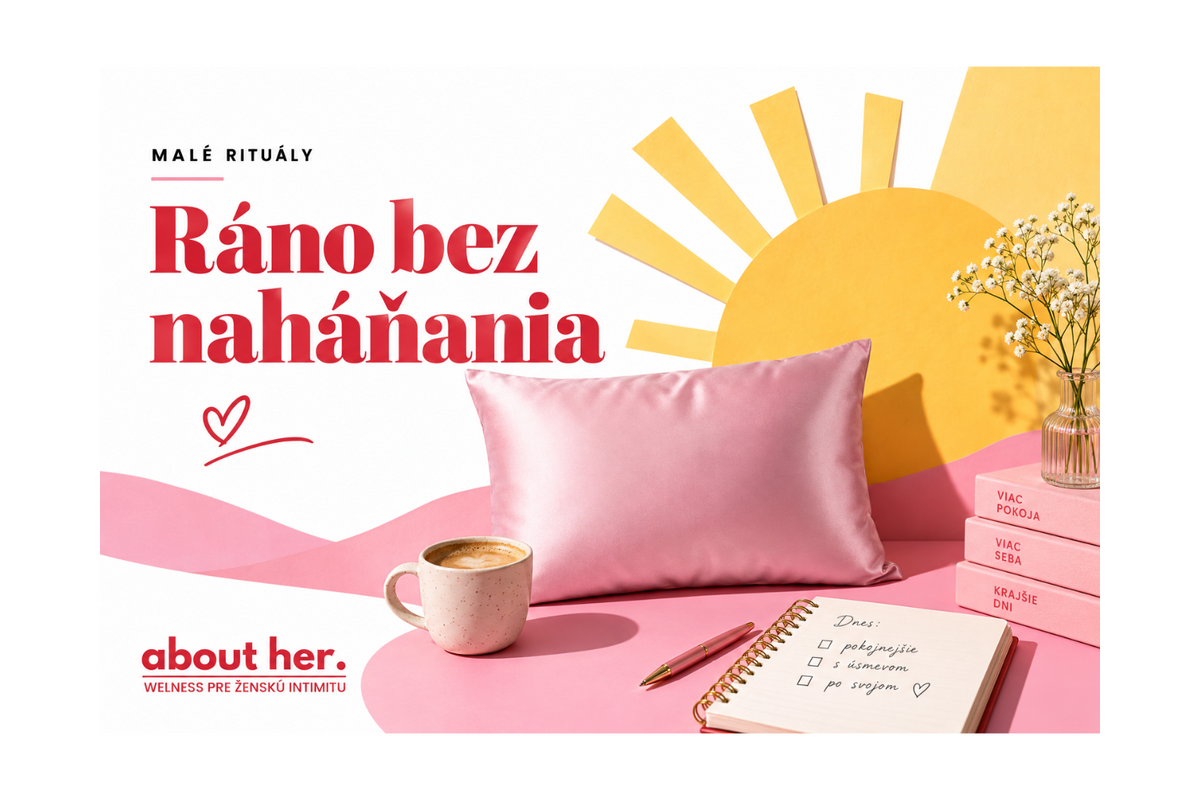 Ráno bez naháňania: pôvodná koláž AboutHer s vankúšom, kávou a zápisníkom.