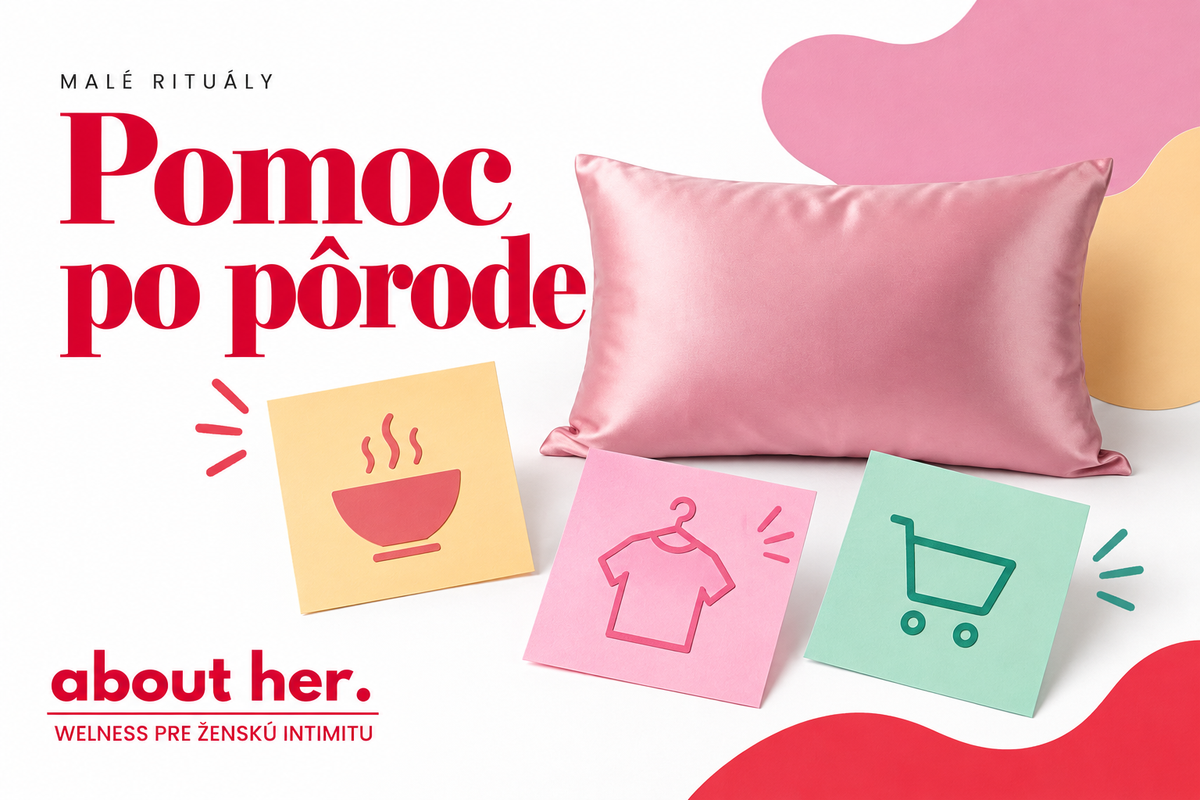 A pink pillow and cards illustrating food, laundry and shopping, with a Slovak headline about help after birth.