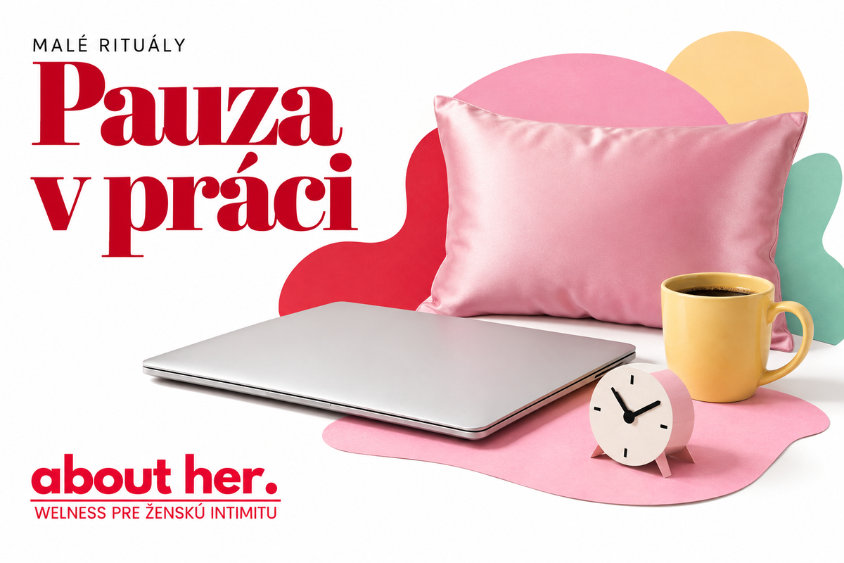 A pink pillow, closed laptop, cup and paper clock, with a Slovak headline about a break at work.